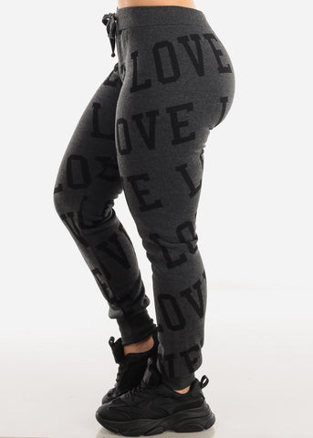 Image of Fleece Drawstring Waist Jogger Sweatpants Charcoal "Love"
