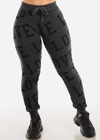 Image of Fleece Drawstring Waist Jogger Sweatpants Charcoal "Love"