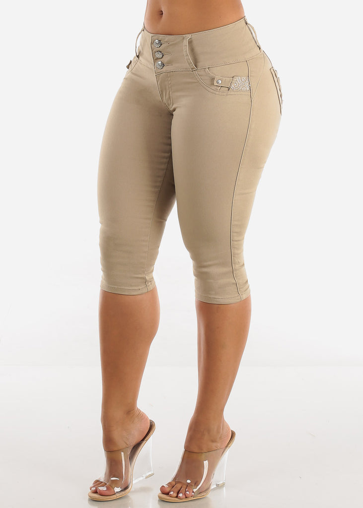 MX JEANS Khaki Butt Lift Mid Rise Capris