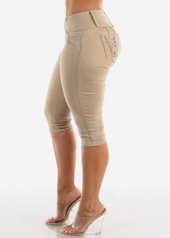 Image of MX JEANS Khaki Butt Lift Mid Rise Capris