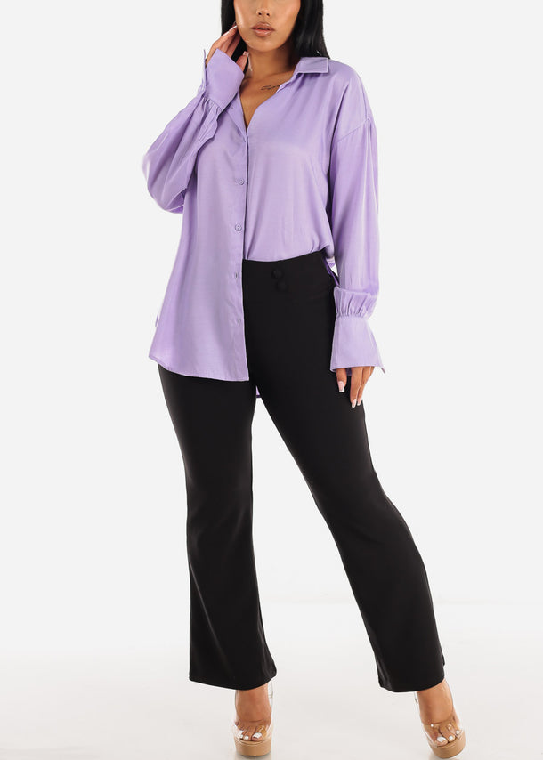 High Waist Black Flared Dress Pants w Buttons Detail