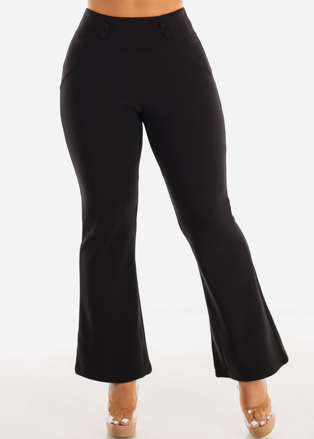 High Waist Black Flared Dress Pants w Buttons Detail