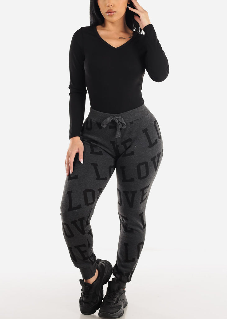 Fleece Drawstring Waist Jogger Sweatpants Charcoal "Love"