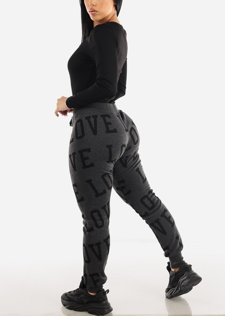 Fleece Drawstring Waist Jogger Sweatpants Charcoal "Love"